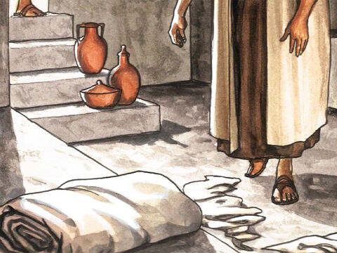Il vit les bandelettes posées par terre; le linge qu'on avait mis sur la tête de Jésus n'était pas avec les bandes, mais enroulé dans un endroit à part. – Numéro de diapositive 16