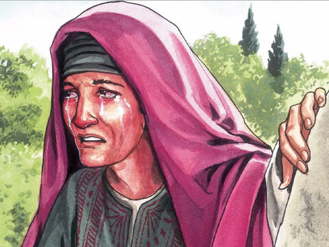 Tout en pleurant, elle se pencha pour regarder dans le tombeau, et elle vit deux anges habillés de blanc assis à la place où avait été couché le corps de Jésus, l'un à la tête et l'autre aux pieds. – Numéro de diapositive 2