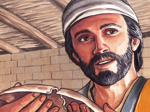 Pendant qu'il était à table avec eux, il prit le pain et, après avoir prononcé la prière de bénédiction, il le rompit et le leur donna. – Numéro de diapositive 21