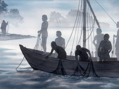 Ils sortirent et montèrent [aussitôt] dans une barque, mais cette nuit-là ils ne prirent rien. Le matin venu, Jésus se trouva sur le rivage, mais les disciples ne savaient pas que c'était lui. – Numéro de diapositive 3