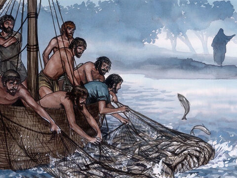 Ils le jetèrent donc et ils ne parvinrent plus à le retirer, tant il y avait de poissons. – Numéro de diapositive 5