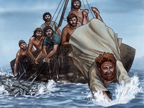 Dès qu'il eut entendu que c'était le Seigneur, Simon Pierre remit son vêtement et sa ceinture, car il s’était déshabillé, et se jeta dans le lac. – Numéro de diapositive 7