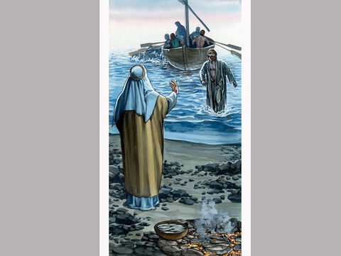 Les autres disciples vinrent avec la barque en tirant le filet plein de poissons, car ils n'étaient pas loin de la rive, à une centaine de mètres. – Numéro de diapositive 8