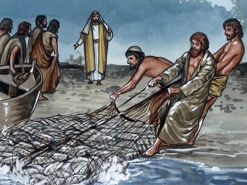 Lorsqu'ils furent descendus à terre, ils virent là un feu de braises avec du poisson dessus et du pain. Jésus leur dit: «Apportez quelques-uns des poissons que vous venez de prendre.» Simon Pierre monta dans la barque et tira le filet plein de 153 gros poissons à terre; malgré leur grand nombre, le filet ne se déchira pas. – Numéro de diapositive 9
