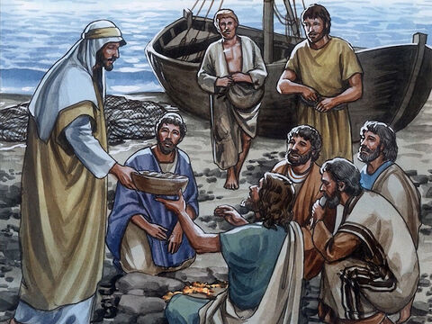 Jésus leur dit: «Venez manger!» Aucun des disciples n'osait lui demander: «Qui es-tu?» car ils savaient que c'était le Seigneur. Jésus s'approcha, prit le pain et leur en donna; il fit de même avec le poisson. C'était déjà la troisième fois que Jésus se montrait à ses disciples depuis qu'il était ressuscité. – Numéro de diapositive 10