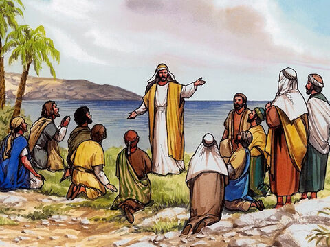 Quand ils le virent, ils se prosternèrent [devant lui], mais quelques-uns eurent des doutes. Jésus s'approcha et leur dit: «Tout pouvoir m'a été donné dans le ciel et sur la terre. – Numéro de diapositive 2