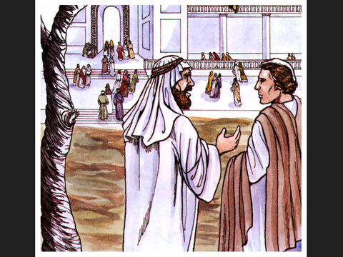 Il était trois heures de l’après-midi, l’heure de la prière. Pierre et Jean montaient ensemble au temple. – Numéro de diapositive 1