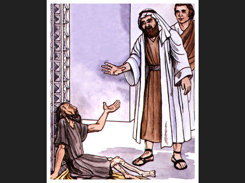 «Regarde-nous!» Il les regardait attentivement, s'attendant à recevoir d'eux quelque chose. Alors Pierre lui dit: «Je n'ai ni argent ni or, mais ce que j'ai, je te le donne: au nom de Jésus-Christ de Nazareth, [lève-toi et] marche!» – Numéro de diapositive 4