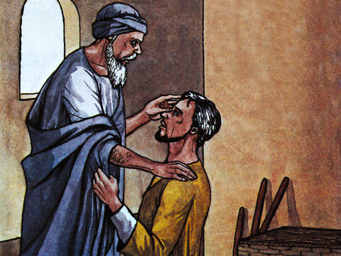 Ananias partit. Une fois entré dans la maison, il posa les mains sur Saul en disant: «Saul mon frère, le Seigneur, [le Jésus] qui t'est apparu sur le chemin par lequel tu venais, m'a envoyé pour que tu retrouves la vue et que tu sois rempli du Saint-Esprit.» Aussitôt il tomba comme des écailles de ses yeux et il retrouva la vue. – Numéro de diapositive 12