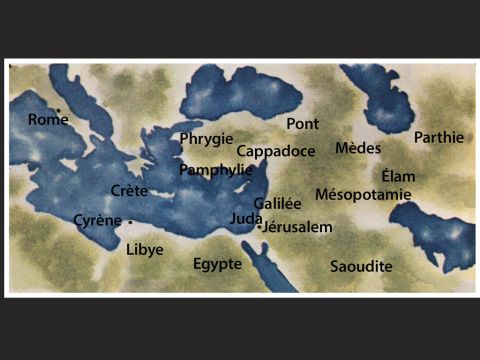 Parthes, Mèdes, Elamites, habitants de la Mésopotamie, de la Judée, de la Cappadoce, du Pont, de l'Asie, de la Phrygie, de la Pamphylie, de l'Egypte, du territoire de la Libye voisine de Cyrène et résidents venus de Rome, Juifs de naissance ou par conversion, Crétois et Arabes, nous les entendons parler dans notre langue des merveilles de Dieu!» – Numéro de diapositive 14