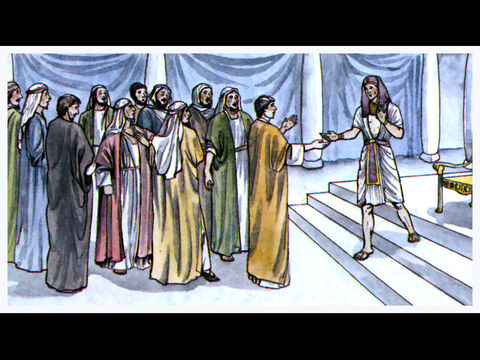 La deuxième fois, Joseph s’est fait reconnaître par ses frères et le pharaon a ainsi appris quelle était son origine. Puis Joseph a envoyé chercher son père Jacob et toute sa famille, composée de 75 personnes. – Numéro de diapositive 21