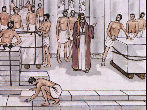 mais c’est Salomon qui lui a construit un temple. Cependant le Très-Haut n'habite pas dans des temples faits par la main de l'homme, comme le dit le prophète: Le ciel est mon trône, et la terre mon marchepied. Quelle maison pourrez-vous me construire, dit le Seigneur, ou quel endroit pourra être mon lieu de repos? N'est-ce pas ma main qui a fait tout cela? – Numéro de diapositive 15