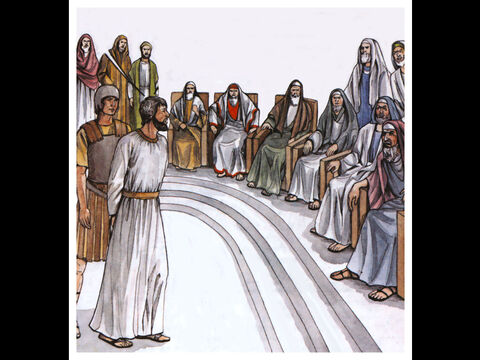 Hommes réfractaires, incirconcis de cœur et d'oreilles! Vous vous opposez toujours au Saint-Esprit; vous êtes bien comme vos ancêtres.  Lequel des prophètes vos ancêtres n'ont-ils pas persécuté? Ils ont tué ceux qui annonçaient d'avance la venue du Juste, et c'est lui que vous avez fait maintenant arrêter et dont vous êtes devenus les meurtriers, vous qui avez reçu la loi par l'intermédiaire des anges et qui ne l'avez pas gardée!» – Numéro de diapositive 16
