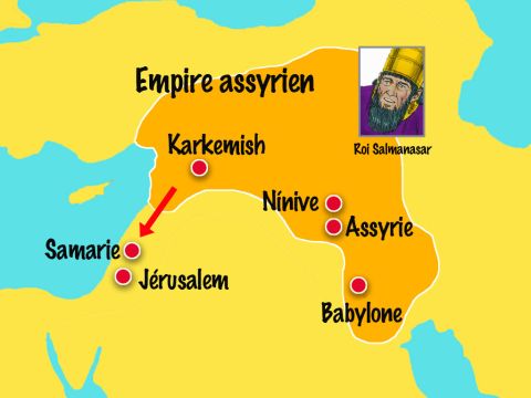 Au cours de la quatrième année du règne d’Ézéchias, le roi d’Assyrie, Salmanazar, envahit le royaume du Nord, dirigé par le roi Osée. Dieu avait averti ces Juifs que s'ils ne cessaient pas d'adorer les idoles et s’il ne Le suivaient pas, ils deviendraient esclaves des Assyriens. – Numéro de diapositive 7