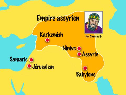 Dix ans plus tard, les Assyriens revinrent pour envahir le Royaume de Juda dirigé par le roi Ezéchias. La puissante armée assyrienne fit tomber ville après ville. – Numéro de diapositive 9