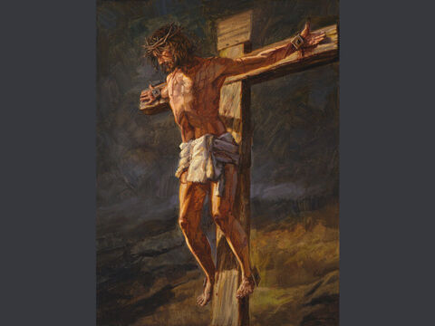 Jésus crucifié à Golgotha.<br/>C’était la troisième heure, quand ils le crucifièrent. L’inscription indiquant le sujet de sa condamnation portait ces mots: “Le roi des Juifs”. Marc 15:25–26.<br/>Texte complet: Marc 15:21–39 – Numéro de diapositive 8