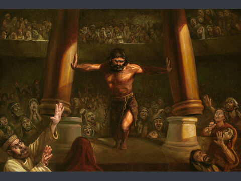 Samson dans le temple de Dagon.<br/>Et Samson embrassa les deux colonnes du milieu sur lesquelles reposait la maison, et il s’appuya contre elles; l’une était à sa droite, et l’autre à sa gauche. Samson dit: “Que je meure avec les Philistins!” Il se pencha fortement, et la maison tomba sur les princes et sur tout le peuple qui y était. Ceux qu’il fit périr à sa mort furent plus nombreux que ceux qu’il avait tués pendant sa vie.<br/>Juges 16:29–30<br/>Texte complet: Juges 16:23–31 – Numéro de diapositive 4