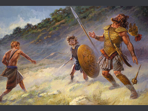 David et Goliath.<br/>David mit la main dans sa gibecière, y prit une pierre, et la lança avec sa fronde; il frappa le Philistin au front, et la pierre s’enfonça dans le front du Philistin, qui tomba le visage contre terre.<br/>1 Samuel 17:49<br/>Texte complet: 1 Samuel 17 – Numéro de diapositive 5