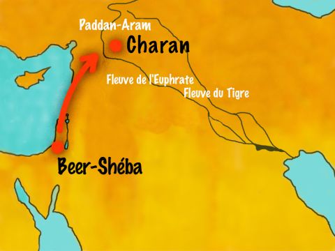 Puis, Jacob entama le long voyage vers le nord qui le mènerait à Charan où Laban et la famille de sa mère vivaient. – Numéro de diapositive 2