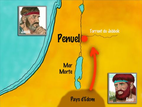 Jacob lui demanda: "Révèle-moi donc ton nom". L'homme répondit: "Pourquoi demandes-tu mon nom?" et il le bénit là. Jacob appela cet endroit Peniel, car, dit-il, "J'ai vu Dieu face à face et ma vie a été sauvée." Jacob boitait de la hanche. Ensuite, il vit Esaü et ses 400 hommes arriver vers lui. – Numéro de diapositive 10