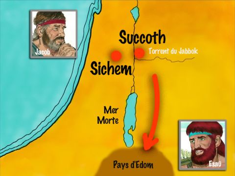 Quant à Jacob, il partit pour Succoth. Il se construisit une maison et fit des cabanes pour ses troupeaux. Il quitta ensuite cet endroit pour Sichem où il construisit un autel pour Dieu. – Numéro de diapositive 15