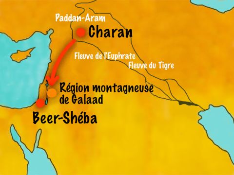 Jacob planta ses tentes dans le pays montagneux de Galaad. Sept jours plus tard, Laban rattrapa Jacob. Mais dans un rêve, Dieu avertit Laban de ne rien dire en bien ou en mal à Jacob. – Numéro de diapositive 9