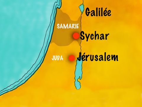 Il y avait une vieille histoire de querelles et de rancunes entre Juifs et Samaritains et ils ne se parlaient pas. Vers midi, Jésus et ses disciples arrivèrent à un puits en bordure d'une ville nommée Sychar. – Numéro de diapositive 2