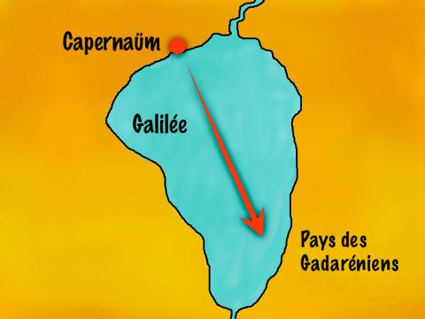 Ils devaient se rendre dans le pays des Gadaréniens, de l’autre côté du lac par rapport à l’endroit où ils demeuraient. C’était un endroit où se trouvaient beaucoup de Grecs, de Romains et d’Arabes ainsi que des Juifs. – Numéro de diapositive 2