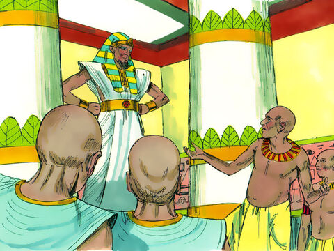 Le matin, le pharaon eut l'esprit troublé et il fit appeler tous les magiciens et tous les sages d'Egypte. Il leur raconta ses rêves, mais personne ne put les lui expliquer. – Numéro de diapositive 2