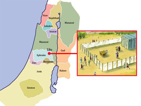 Josué et les Israélites installèrent le tabernacle en un lieu appelé Silo, au milieu de la terre Promise. De là, Josué envoya trois hommes de chacune des sept tribus sans territoire, pour explorer le pays afin de pouvoir le partager entre elles. – Numéro de diapositive 4