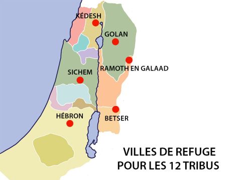 Six villes furent désignées comme villes refuge. Si une personne donnait accidentellement la mort à quelqu’un, elle pouvait s’enfuir dans une ville de refuge et être ainsi protégée de quiconque chercherait vengeance. Dans les villes refuge, tant les Juifs que les étrangers pouvaient recevoir un jugement équitable et s’ils étaient innocents, vivre en sécurité. – Numéro de diapositive 8