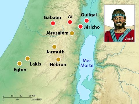 Le roi Adoni-Tsédek de Jérusalem envoya des messagers à plusieurs autres rois: Hoham, roi d’Hébron, Piream, roi de Jarmuth, Japhia, roi de Lakis et Debir, roi d’Eglon. Ils se mirent d’accord pour réunir leurs armées et attaquer Gabaon. – Numéro de diapositive 3