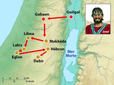 Ensuite, les Israélites se remirent en route et prirent les villes de Libna, Lakis, Eglon, Hébron et Debir. Puis ils revinrent victorieux à Guilgal. – Numéro de diapositive 15