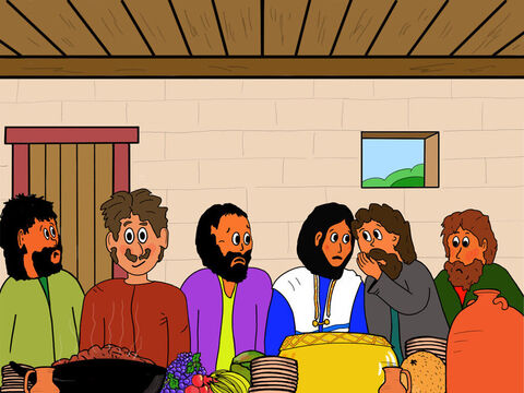 Jean, qui était assis à côté de Jésus, murmura à l’oreille de Jésus: “Jésus! Peux-tu me dire qui c’est?” Jésus murmura à Jean: “C’est celui à qui je vais donner le morceau de pain que j’ai trempé dans le plat.” – Numéro de diapositive 17