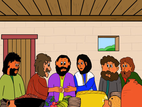 Puis Jésus trempa un morceau de pain dans le plat et le tendit à Judas, qui le reçut volontiers.<br/>La Bible dit que Satan entra dans Judas, et aussitôt il se leva et sortit pour trahir Jésus. – Numéro de diapositive 18