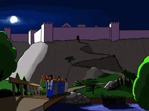 Jésus et ses disciples descendirent donc jusqu’à la vallée du Cédron qui se trouve en dehors de Jérusalem. Ils traversèrent le torrent du Cédron et entrèrent dans le jardin de Gethsémané. – Numéro de diapositive 22