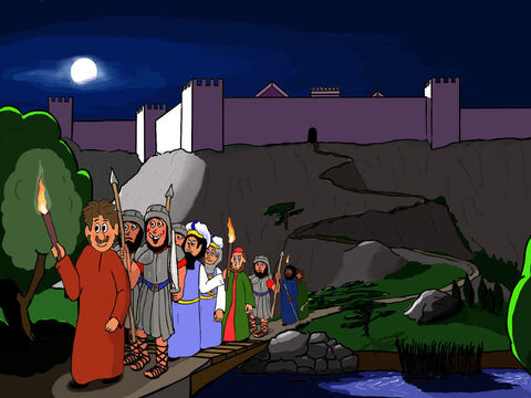 C’est alors que Judas arriva, à la tête d’une grande troupe de gens et de soldats armés d’épées et de bâtons, qui étaient envoyés pour se saisir de Jésus. – Numéro de diapositive 24