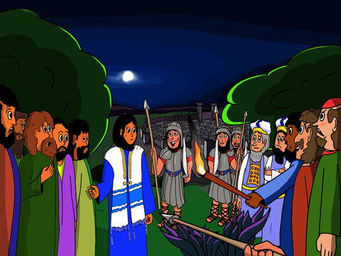 Jésus demanda qui ils cherchaient. Ils répondirent: “Nous cherchons Jésus.” “C’est moi”, leur dit-il. – Numéro de diapositive 25