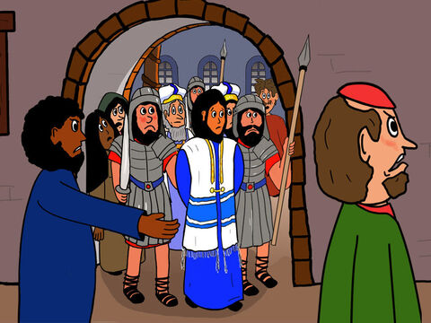Alors, les sacrificateurs et les chefs juifs décidèrent que Jésus devait être jugé par le grand conseil – le sanhédrin – un groupe de 70 Juifs responsables de comprendre et d’interpréter la loi de Dieu. Tout cela se passait au temps où l’empereur de Rome et ses soldats dirigeaient toutes les autres affaires en Israël. – Numéro de diapositive 1