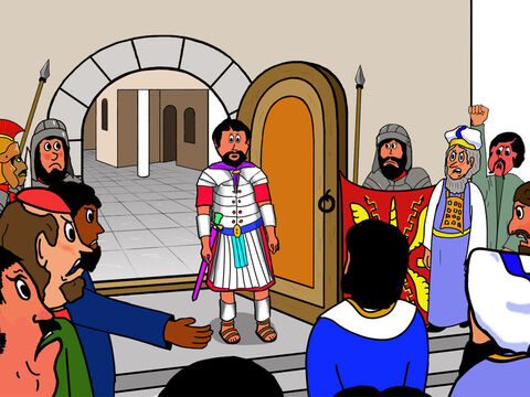 Quand Pilate ouvrit la porte, ils crièrent: “Voici un homme qui se déclare être le Fils de Dieu. Tu dois le mettre à mort.” Mais Pilate ne voulait pas faire cela. Il ne pensait pas que cette accusation méritait la peine de mort. Alors ils portèrent une autre accusation contre Jésus, et dirent: “Il s’est fait lui-même roi!” – Numéro de diapositive 5