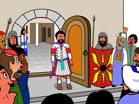 La grande foule qui s’était assemblée au-dehors cria: “Il s’est fait lui-même roi! Nous n’avons pas d’autre roi que l’empereur romain!” Pilate était étonné d’entendre cela, car les Juifs avaient horreur d’être gouvernés par les Romains. – Numéro de diapositive 9