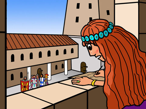 Elle se hâta d’écrire un message à Pilate, en le suppliant de ne pas juger ni faire du mal à Jésus. Elle le donna à un serviteur qui le donna aussitôt à Pilate. – Numéro de diapositive 11