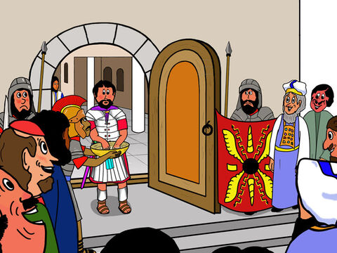 Pilate ne pouvait faire autre chose que de condamner Jésus à être crucifié. Mais pour montrer qu’il ne voulait pas être responsable de cette décision, il se lava les mains. Le peuple fut d’accord de porter la responsabilité de cette décision profondément injuste. – Numéro de diapositive 15