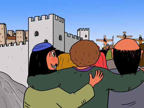 Deux brigands étaient crucifiés en même temps que Jésus,  l’un à sa droite, et l’autre à sa gauche. Beaucoup de gens se moquaient de Jésus et l’insultaient... – Numéro de diapositive 19