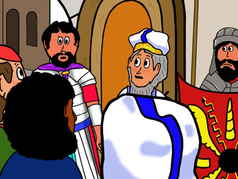 Les sacrificateurs et les chefs se précipitèrent vers Pilate pour lui demander de changer le texte. Mais Pilate leur répondit: “Ce que j’ai écrit, je l’ai écrit.” – Numéro de diapositive 25