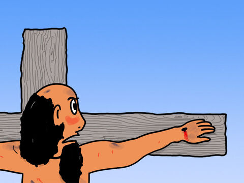 Le brigand qui se trouvait à la droite de Jésus l’interrompit: “Ne crains-tu pas Dieu, toi non plus? Es-tu comme ces soldats, ces sacrificateurs et ces chefs? Nous, nous sommes punis pour tout le mal que nous avons fait, mais Jésus est innocent.” Et se tournant vers Jésus, il le pria en disant: “Jésus, souviens-toi de moi quand tu viendras dans ton règne.” – Numéro de diapositive 27