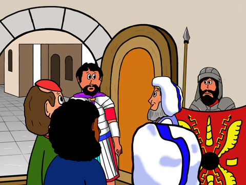 Ils se hâtèrent de se rendre vers Pilate et lui demandèrent si des soldats pouvaient garder le tombeau. Pilate leur permit de placer des gardes devant le tombeau. – Numéro de diapositive 2