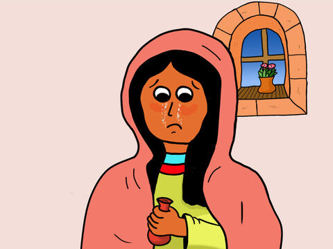 Marie de Magdala avait pleuré tout le temps depuis que Jésus avait été crucifié. Tôt ce matin-là, elle voulut se rendre au sépulcre avec des aromates très chers qu’elle mettrait autour du corps de Jésus pour qu’il y ait une bonne odeur dans le tombeau. Mais elle se demandait comment elle allait pouvoir entrer dedans, étant donné la grande et lourde pierre qui obturait l’entrée et les soldats qui montaient la garde. – Numéro de diapositive 11