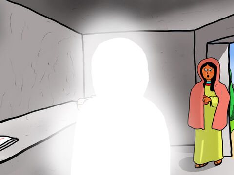 ... un ange se tint debout dans le sépulcre, et lui dit: “Marie! Je sais que tu cherches Jésus, qui a été crucifié. Il n’est pas ici! Il est ressuscité des morts. Va tout de suite le dire à ses disciples!” – Numéro de diapositive 17