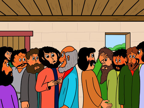 Ce soir-là, deux disciples qui s’étaient rendus au village d’Emmaüs revinrent à Jérusalem. Ils dirent que Jésus s’était joint à eux sur le chemin qui mène à Emmaüs. Ils avaient parlé avec lui, mais au début, ils n’avaient pas su qui il était. Puis quand ils s’étaient arrêtés et qu’ils avaient rompu le pain ensemble, soudain ils l’avaient reconnu, mais aussitôt, Jésus avait disparu de devant eux. De suite, ils étaient repartis pour aller annoncer aux disciples que Jésus était vivant. Mais les autres disciples ne les croyaient pas. – Numéro de diapositive 21